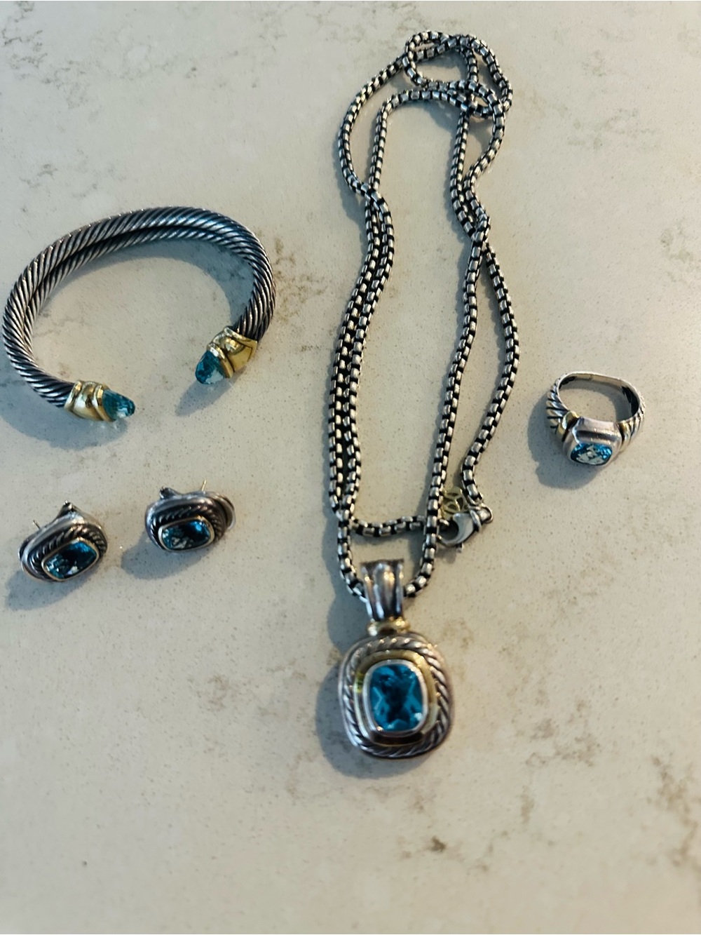 Sterling Silver Blue Gemstone Jewelry Set - Necklace, Bracelet, Ring, Earrings